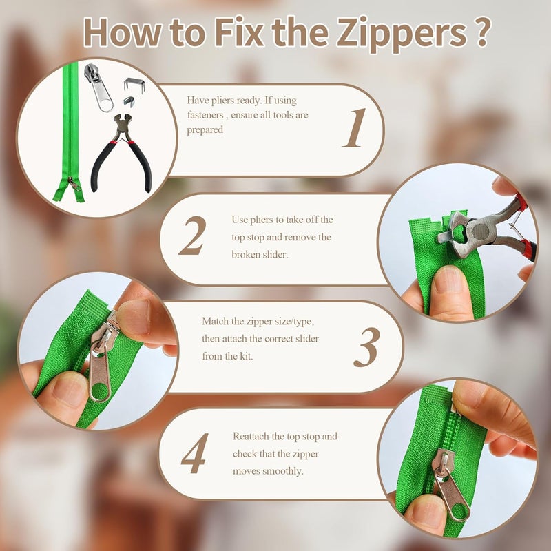 Vintex 210 Pcs Zipper Repair Kit with Replacement Sliders, #3#5#8 Metal Zipper Pull Replacement Kit with Install Plier for Jackets, Coats, Tents, Backpacks, Sleeping Bags, and Luggage - Image 4